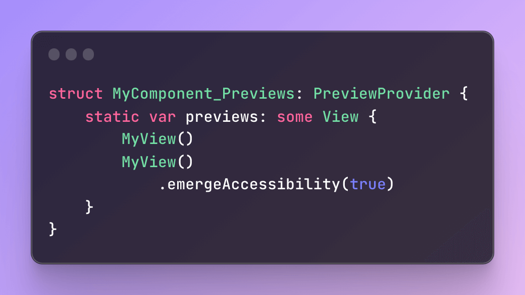 Code snippet showing emergeAccessibility() in a preview